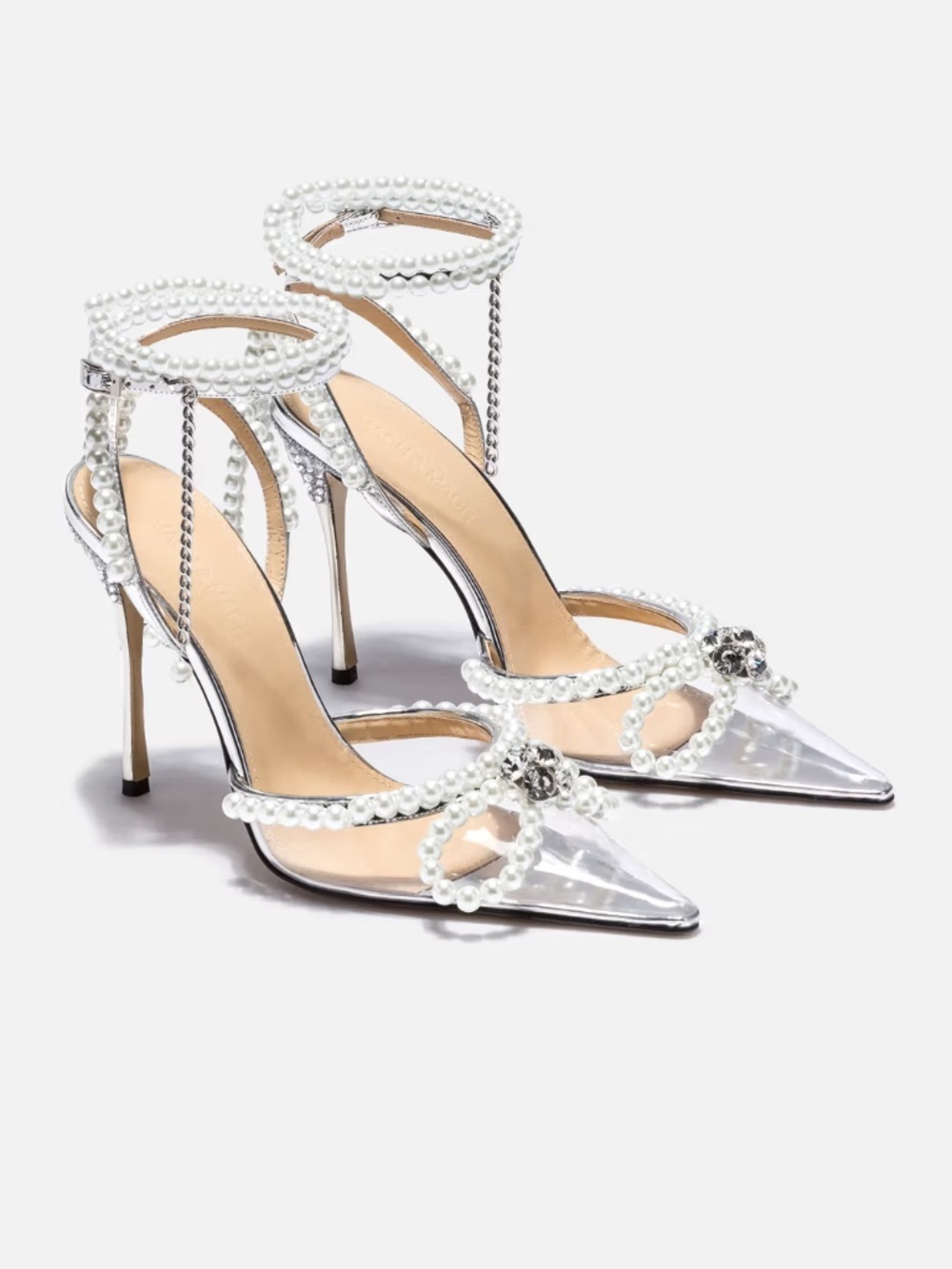 MACH & MACH Women's Pumps Pearl Bow PVC Heels Silver Crystal size 39.5eu 9.5 US